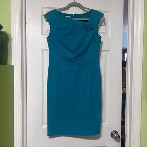 Sleeveless Teal Sheath Dress with Rosette Detail